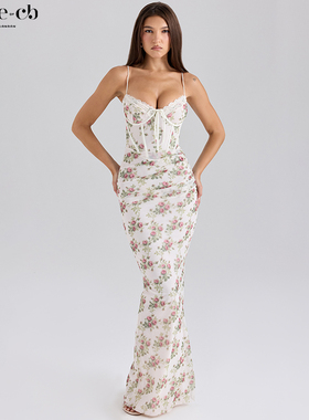 House of CB精致优雅奶油玫瑰印花超长连衣裙Calista