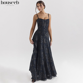 House 奢华束腰午夜蓝卢勒克斯雪纺超长连衣裙Esme