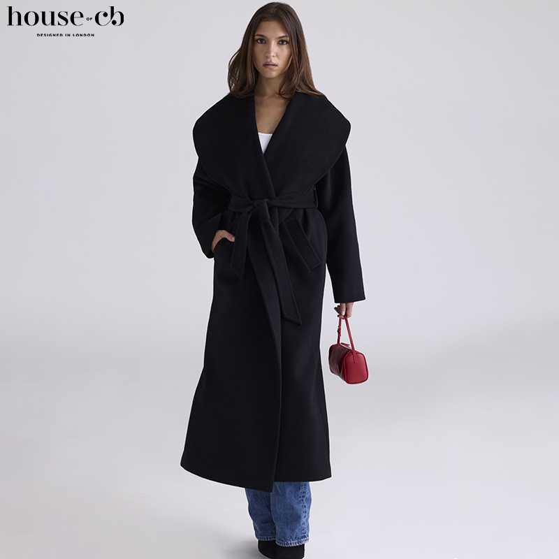 House of CB奢华百搭黑色羊毛披肩领大衣Cocoon