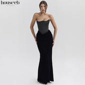 House 奢华黑天鹅绒抹胸束腰超长连衣裙Persephone 秋冬款