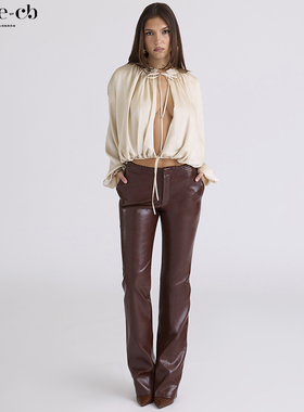 House of CB复古百搭巧克力色纯素皮革长裤 Adara