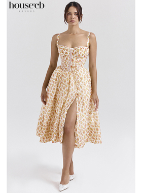 House of CB 度假风休闲玫瑰印花束身中长连衣裙Kelly