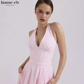 House CB精致优雅束腰粉色弹力棉挂脖太阳裙Allena