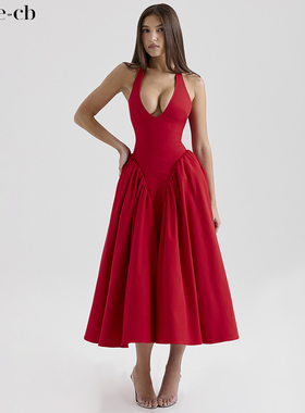 House of CB优雅浪漫红色挂脖束腰中长太阳裙Marilyn