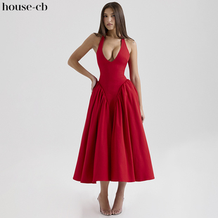 House CB优雅浪漫红色挂脖束腰中长太阳裙Marilyn