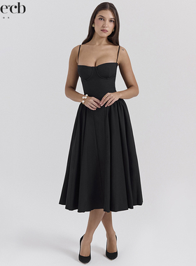 House of CB 秋冬款优雅显身材黑色束腰中长连衣裙Samaria