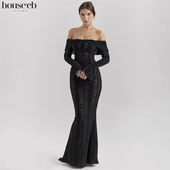 House 奢华优雅黑色花卉蕾丝一字领超长连衣裙Belle