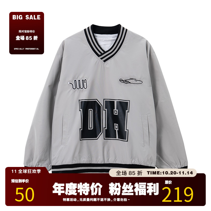 FILIRILI美式复古刺绣V领撞色卫衣秋冬运动上衣球衣卫衣撞色宽松