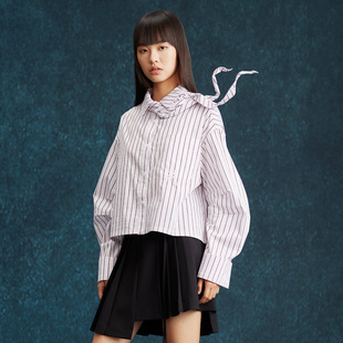 袖 女粉紫条纹领巾造型法式 上衣31827Q1C02 衬衫 Farenew26春短款