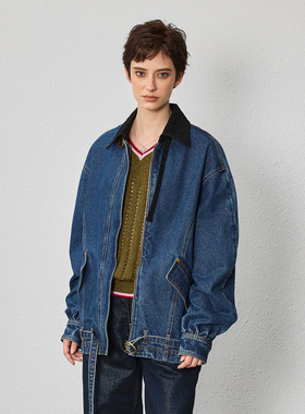 希凯驰25秋设计师款翻领外套女拼接百搭深蓝牛仔外套31627020