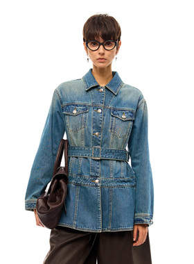 LOLO MIRIAM25秋中长款牛仔上衣封腰复古港风设计款外套33128I002