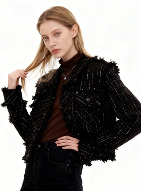 LOLO MIRIAM25秋小香风毛呢外套法式风无领蕾丝磨毛43128A002