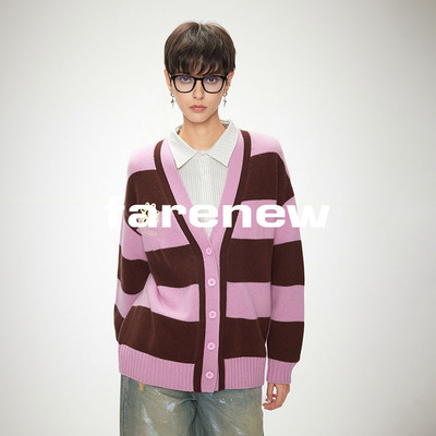 Farenew26春设计师款100%羊毛V领条纹针织开衫宽松提花31827036