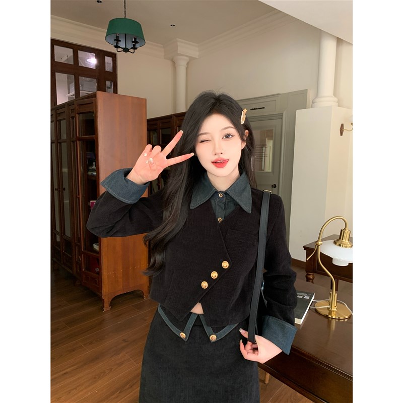 好货大码女装气质显瘦半身裙秋冬搭配一整套胖mm富家千金外套两件