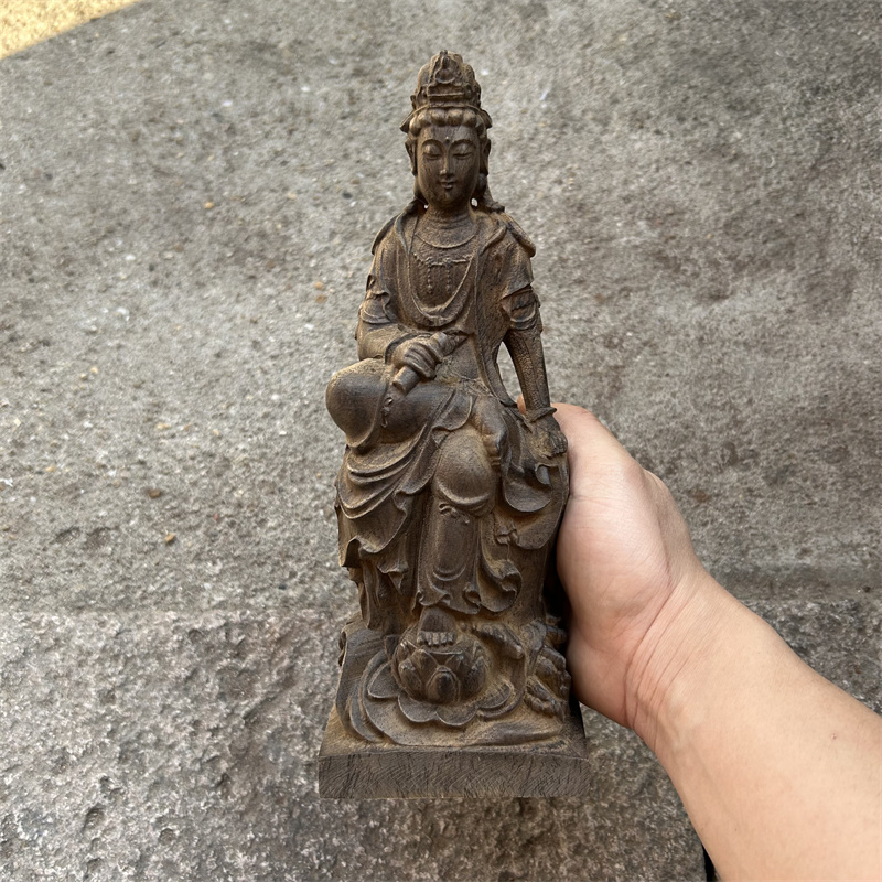 越南沉香木雕坐式踏莲自在观音佛像摆件南海观音菩萨神像手持经书