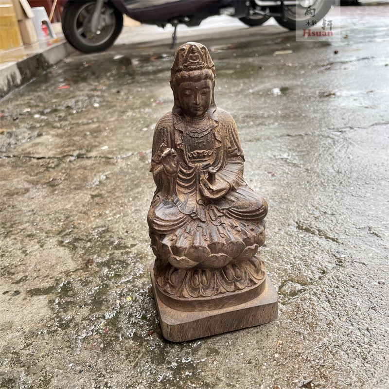 越南沉香木雕莲花水月自在观音新中式禅意客厅玄关摆件佛像工艺品