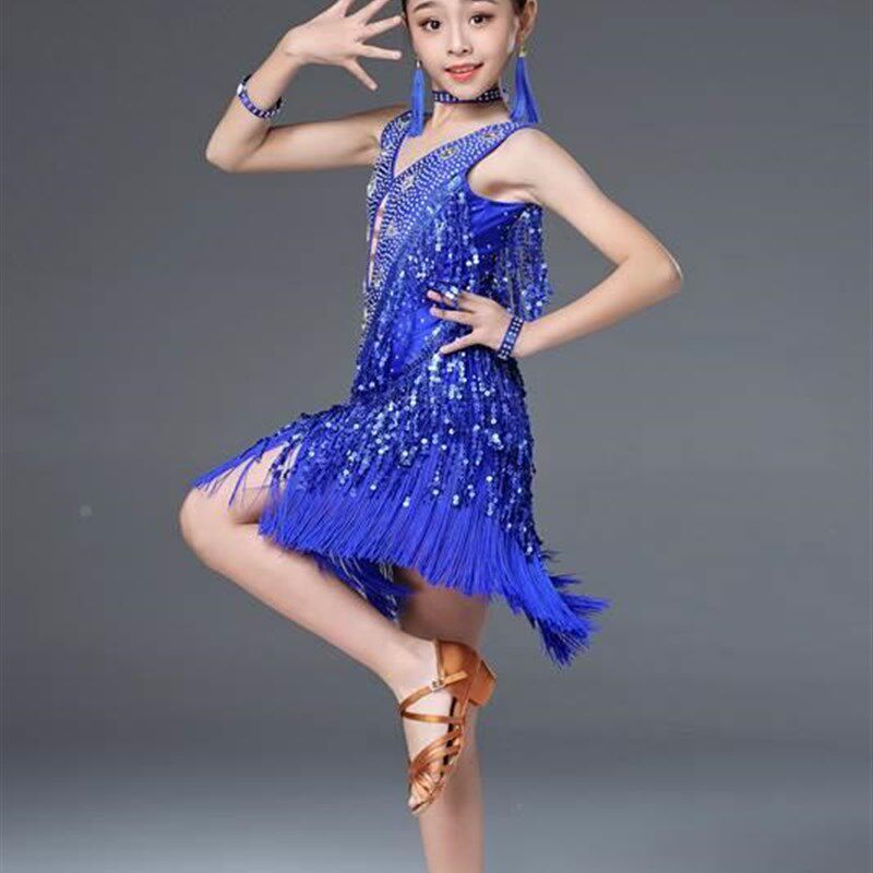 极速l21新款儿童拉丁舞9裙少儿拉夏丁舞比赛服装亮片流苏表演服0