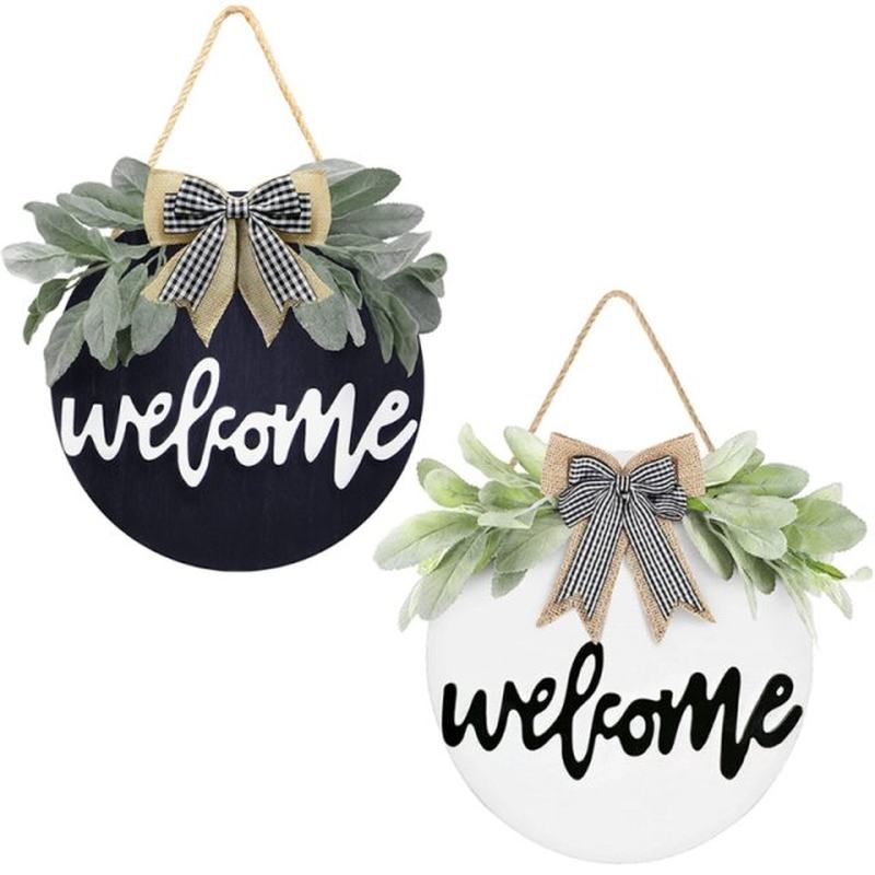 Simulation Wooden Wreath Hanging Sign with Bowknot Greenery
