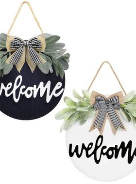 Simulation Wooden Wreath Hanging Sign with Bowknot Greenery