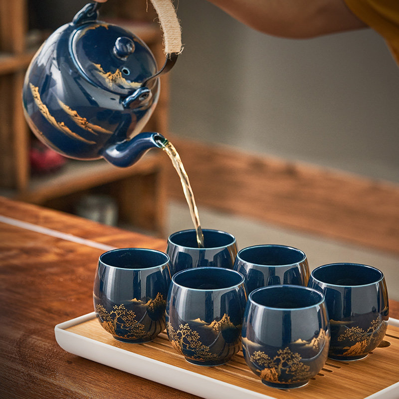 好货黑釉中式功夫茶具套装家用大号复古霁兰办公室泡茶壶茶杯提梁