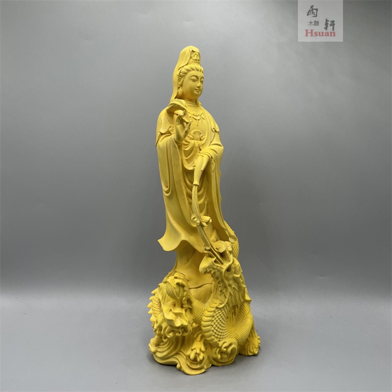 崖柏黄杨木雕刻御龙观音工艺品风水饰品佛像摆件实木客厅家居供奉