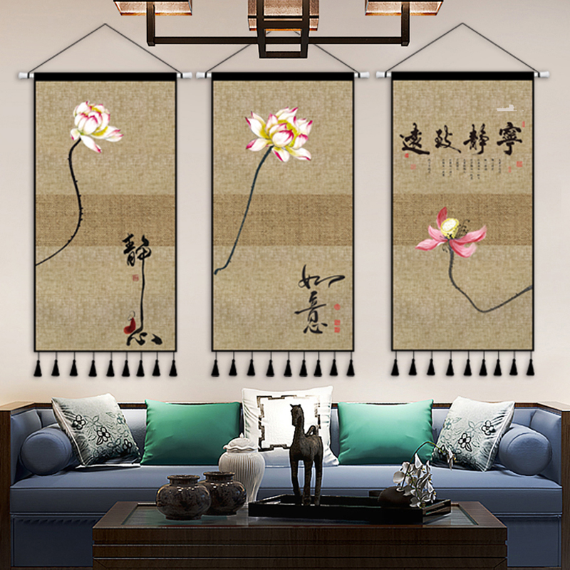 中式禅意复古玄关墙布挂布客厅茶室背景布艺挂画装饰挂毯定制布画图片