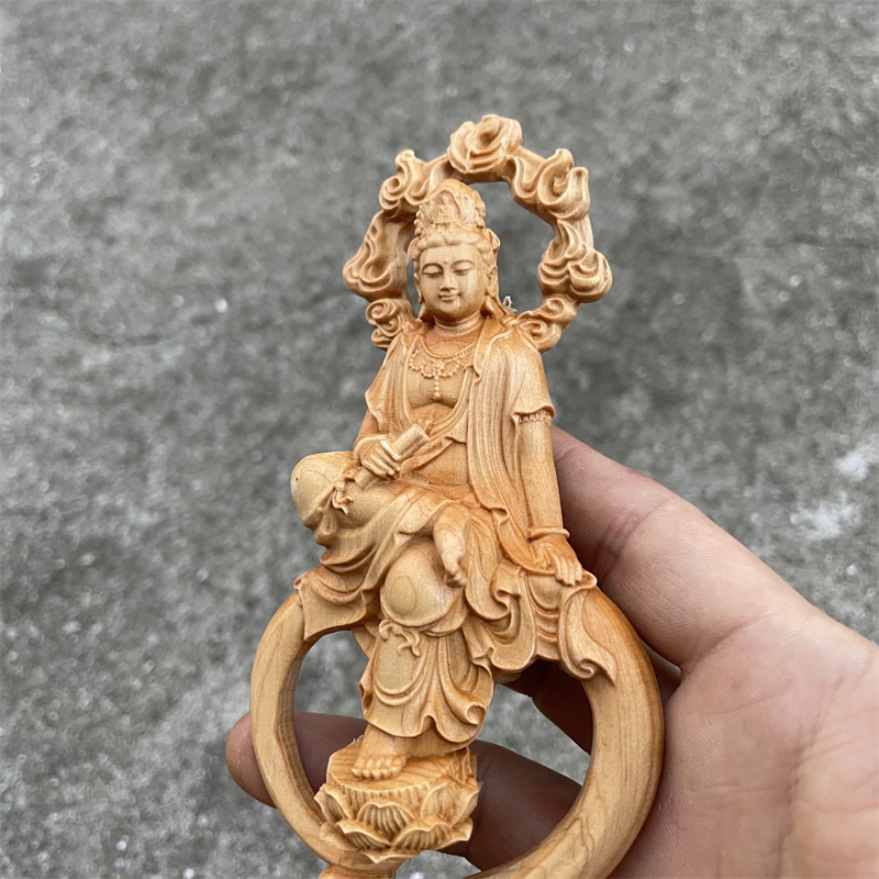 崖柏木雕大光相《持经自在观音》人物摆件观世音菩萨佛像客厅装饰