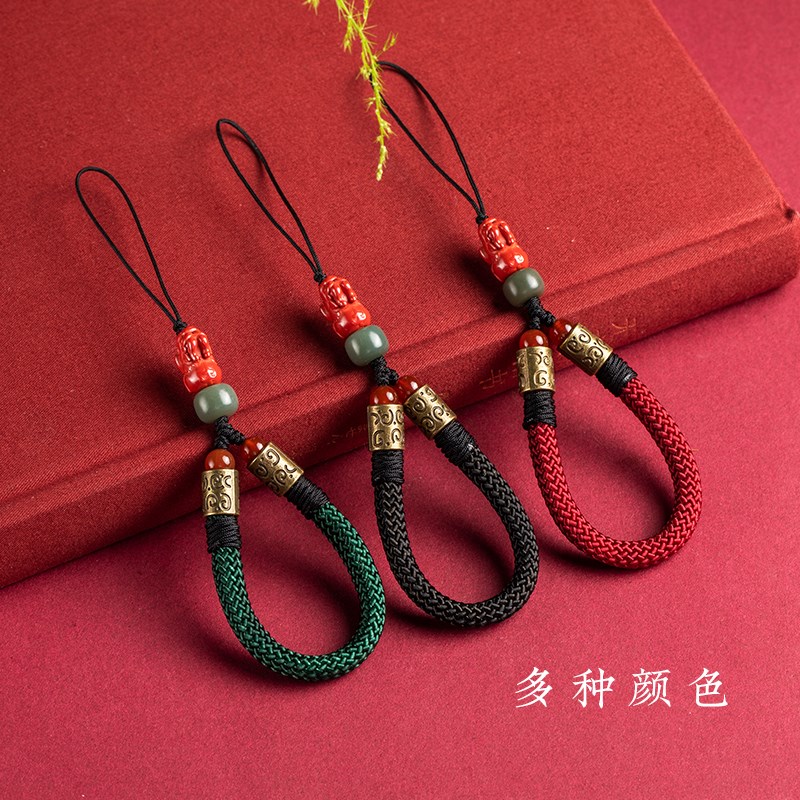 好货朱砂貔貅手机挂绳短款指环腕带手工编织复古中式防丢手机链U
