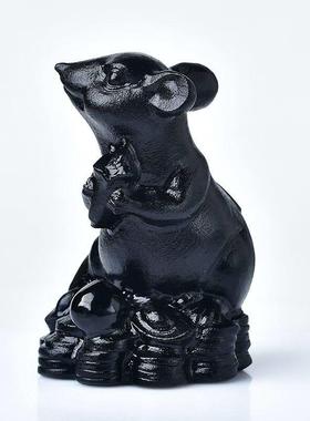 天然黑曜石色老鼠摆件玉雕刻十二生肖黑鼠客厅办公电视柜补角装饰