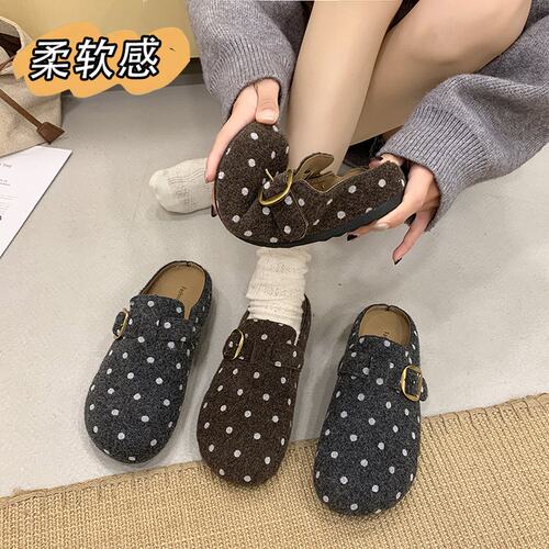 3.5cm【美拉德毛呢】韩系波点金属扣绒面半拖懒人穆勒拖鞋7788