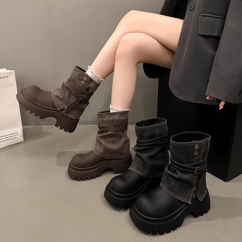 7cm【甜酷辣妹】厚底裤管靴短筒厚底机车靴小个子增高短靴18