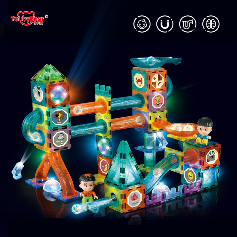 跨境英文魔磁乐园彩窗磁力片积木灯光滚球管道积木轨道磁力片玩具