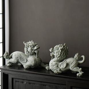 家居客厅玄关桌面装 创意飞天貔貅招财公母一对工艺品摆件新中式 饰