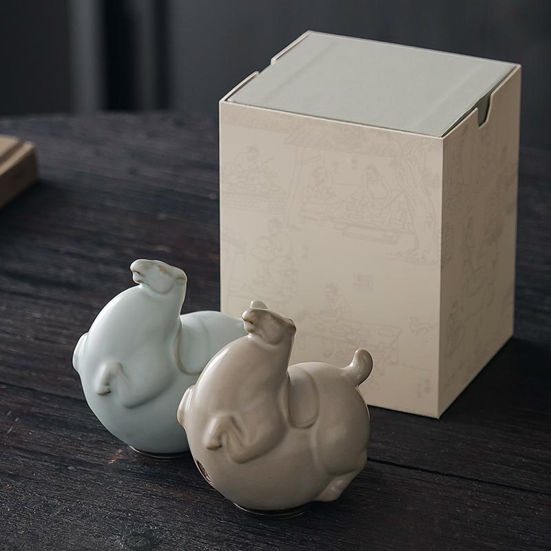 中式唐马汝窑茶宠茶玩摆件创意底部转动立马赚钱办公室桌面送礼品