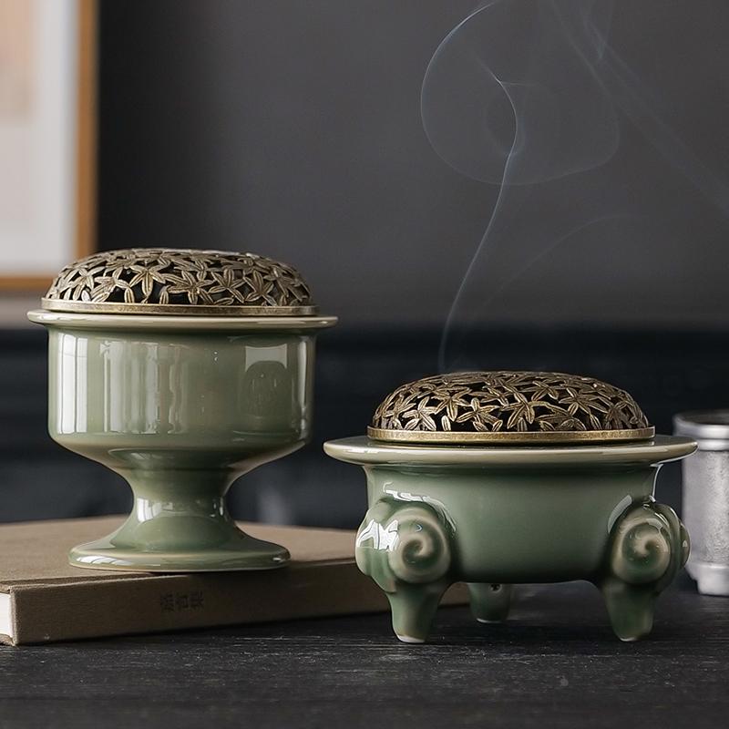 创意三羊开泰盘香炉越窑梅子青瓷香薰炉香器香托香道家用室内摆件