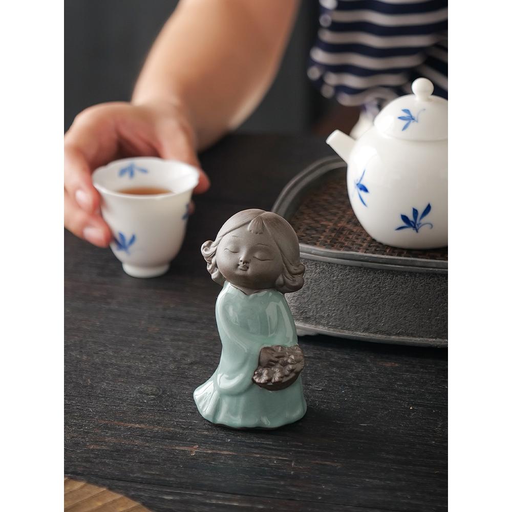 创意仕女小摆件中式哥窑开片茶宠茶玩摆件精品可养茶桌茶空间装饰