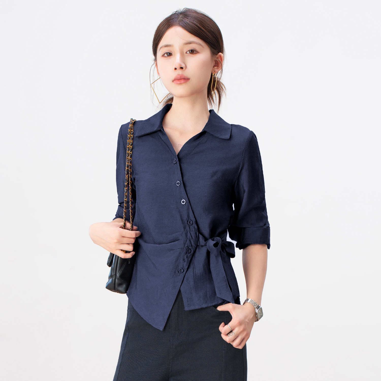 藏青色衬衫女2026春夏新款设计感小众开衫不规则收腰显瘦长袖上衣
