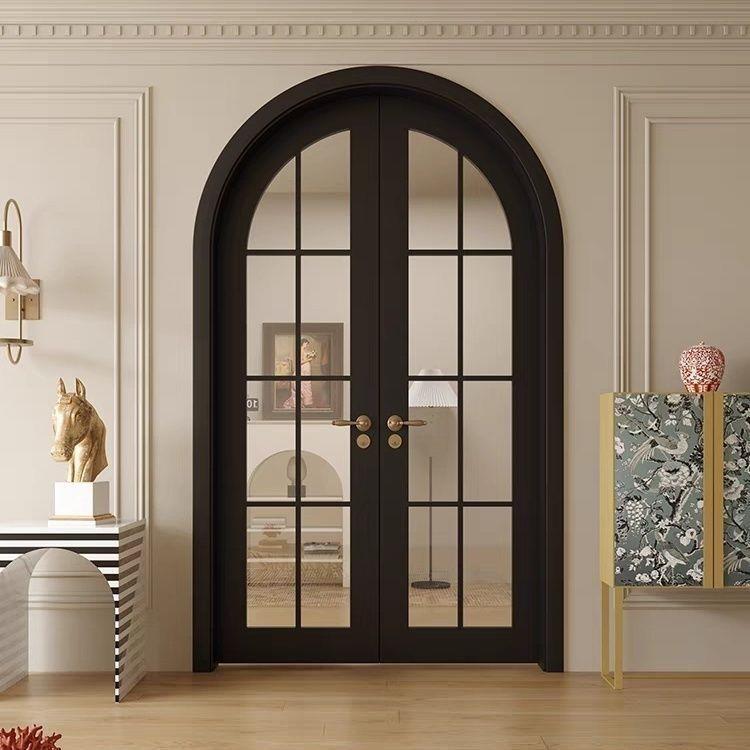 定制拱形门极简极窄铁艺双开关玻璃门商铺阳台过道门圆弧对开门店