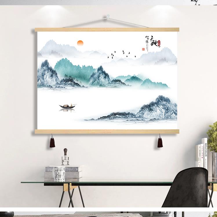新中式山水电表箱装饰画横款免打孔客厅遮挡配电箱电闸箱布艺挂画图片