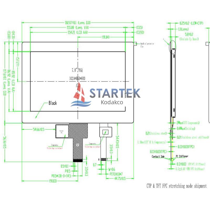 7.0英寸1024X600 Mipi接口高亮度Ips Tft液晶显示屏与电容触摸屏