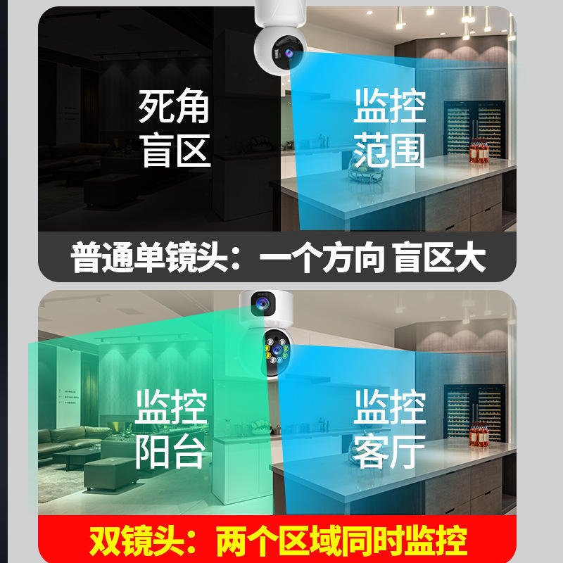 双画面枪球WiFi手机远程监控器家用无线摄像头双摄全景双头摇头机