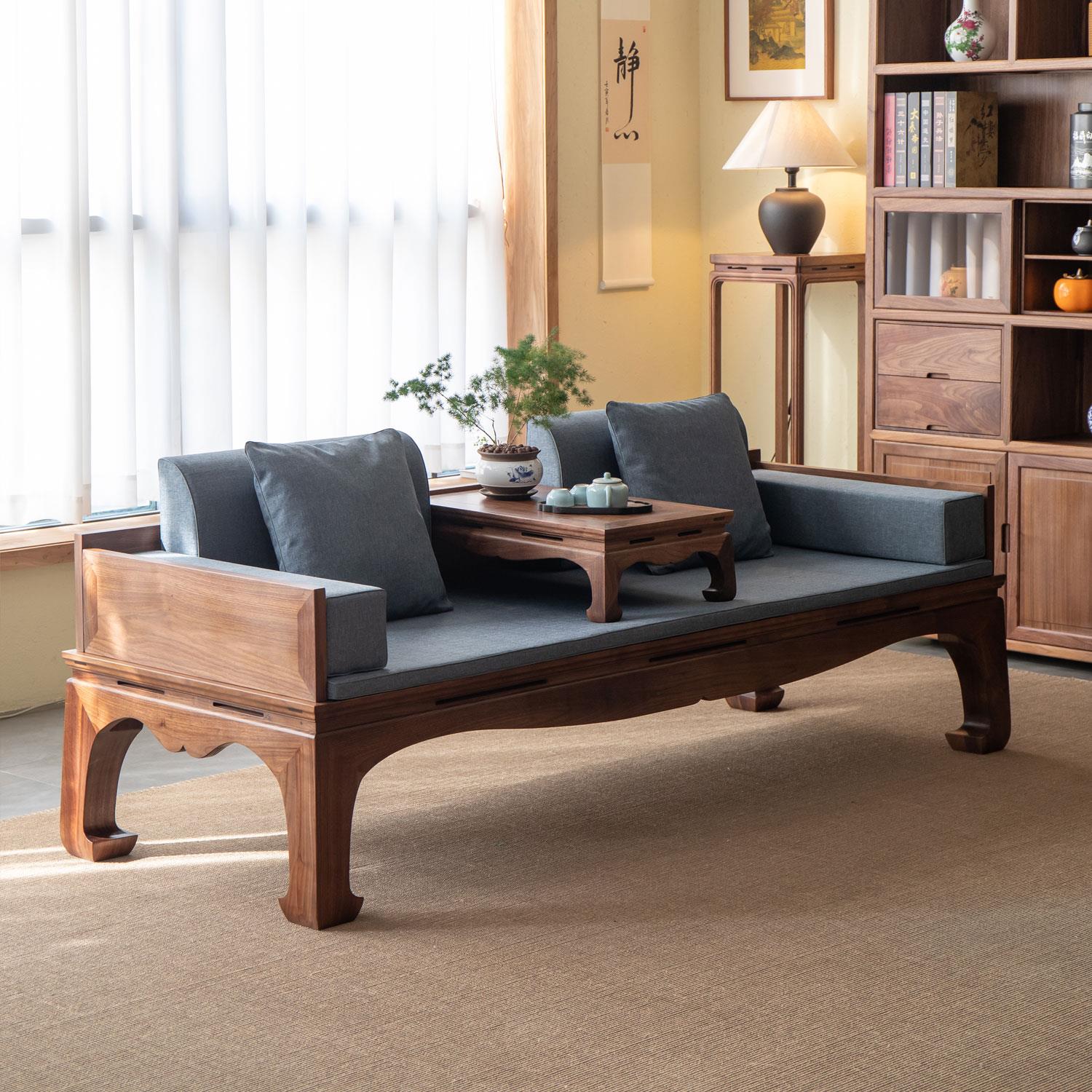 杪轩新中式罗汉床黑胡桃实木沙发家具客厅禅意老榆木床榻卧榻