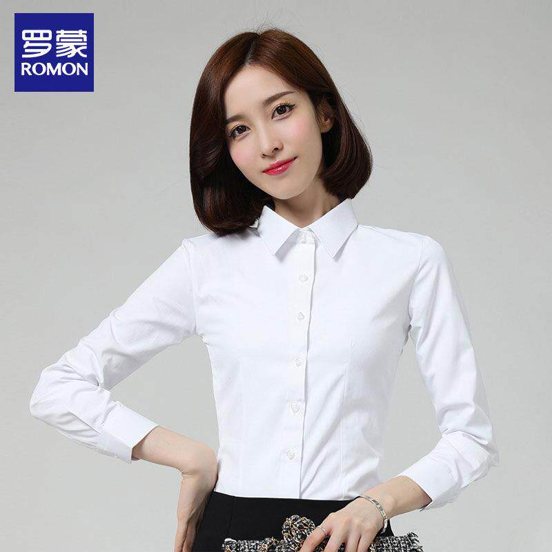 罗蒙白衬衫女士长袖方领工作服商务职业正装通勤OL上班面试棉衬衫