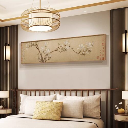新中式卧室床头挂画 画宋代美学玉兰图横幅古画 画茶室装饰国画