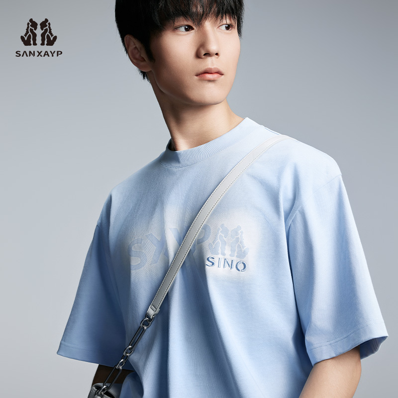 高品质长绒棉印花蓝色圆领短袖