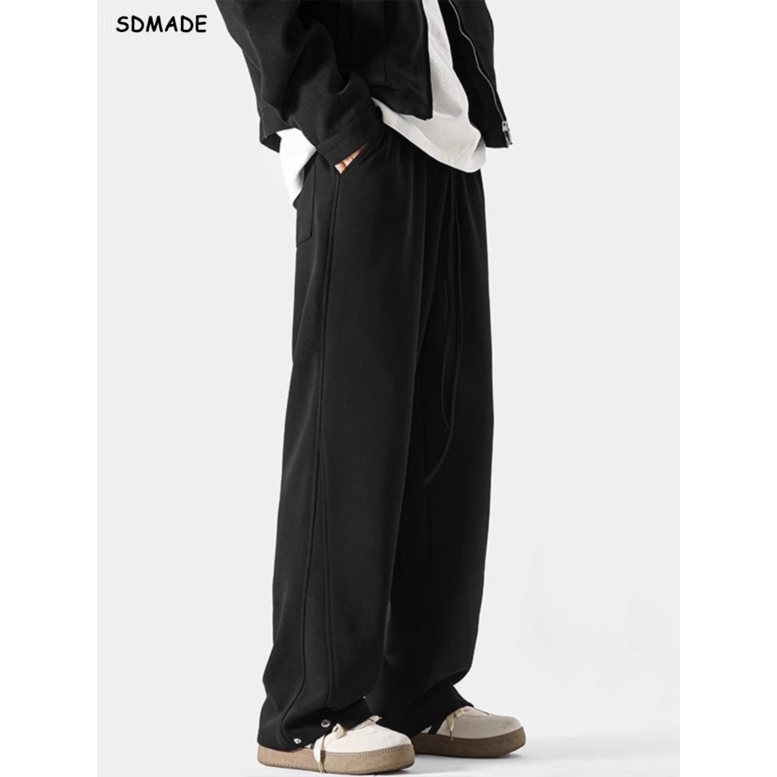 SOLIDSDMADE 美式运动卫裤男秋冬季黑色休闲裤子宽松直筒阔腿长裤
