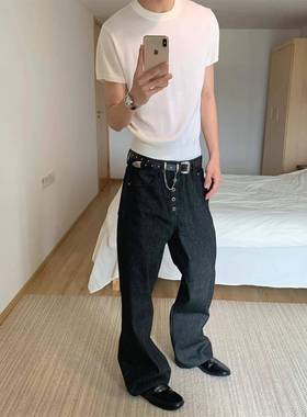 Acpk”五连扣原牛 黑棉羽康龙宽松牛仔裤14oz原牛A字直筒未脱浆