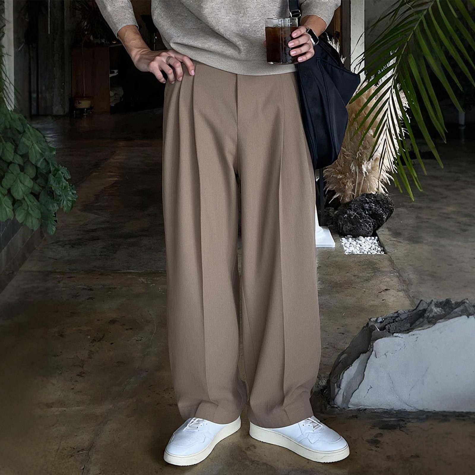 系人夫感老钱风西裤男韩级感双褶皱休闲裤宽筒松直K469-C7垂感高