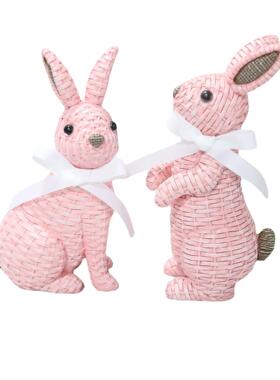 欧式花园庭院家居儿童房装饰树脂蝴蝶结藤编效果兔子Easter摆件