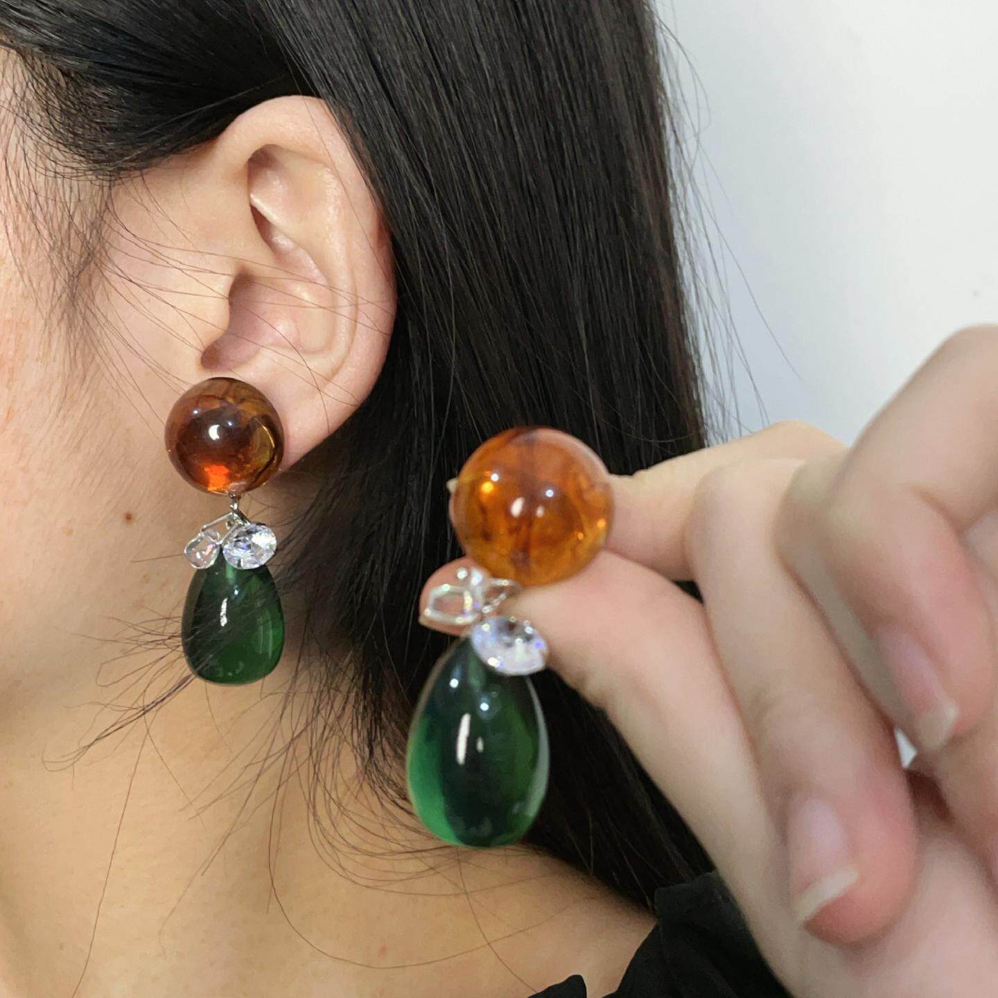 复古港风镶钻撞色圆珠水滴耳环精致ins风时尚轻奢潮流小众耳饰女